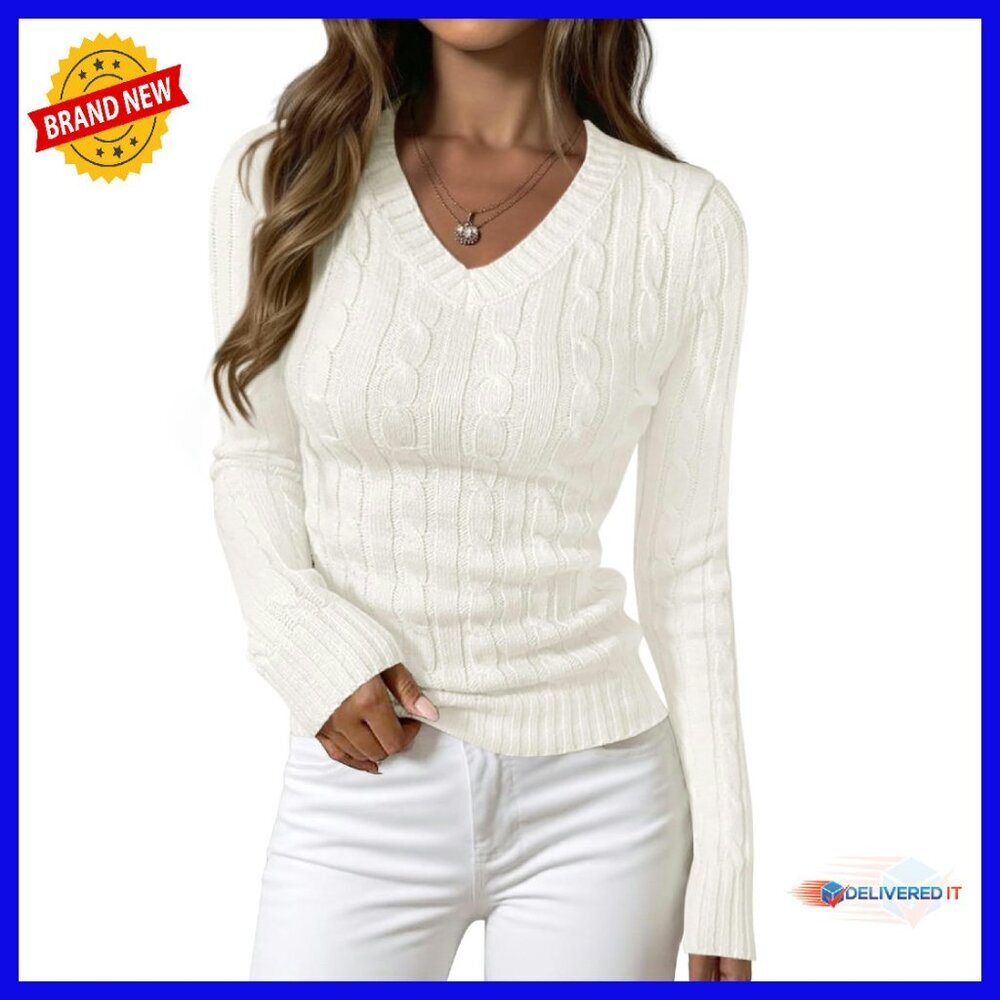 V-Neck Cable Knit Pullover Sweater, Fitted Ribbed Long Sleeve Top